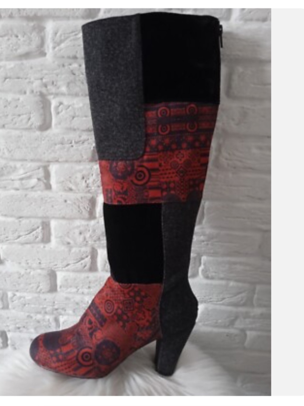 Desigual size 41 boots Patchwork Red and Charcoal Knee-High Heeled Boot